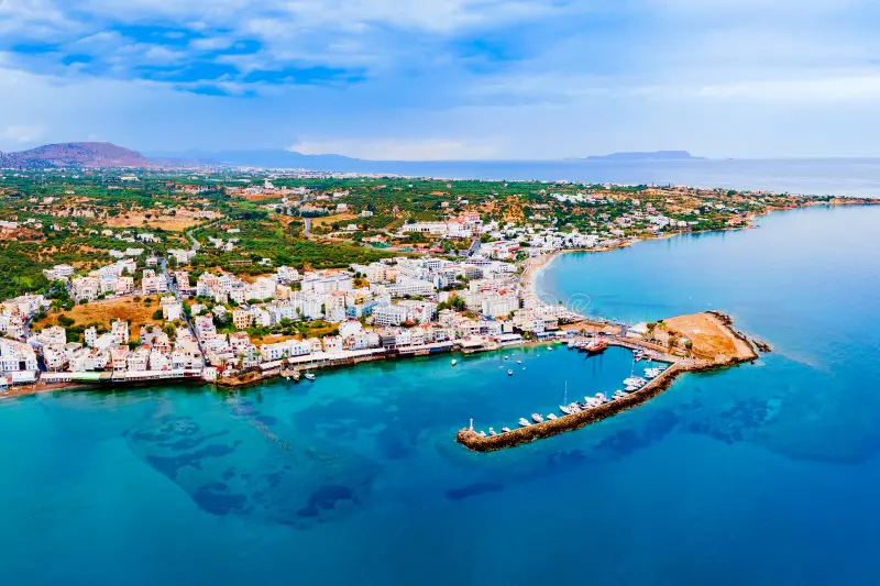 North coast near Hersonissos — Star Beach, Acqua Plus, and seaside pool bars lie along this stretch
