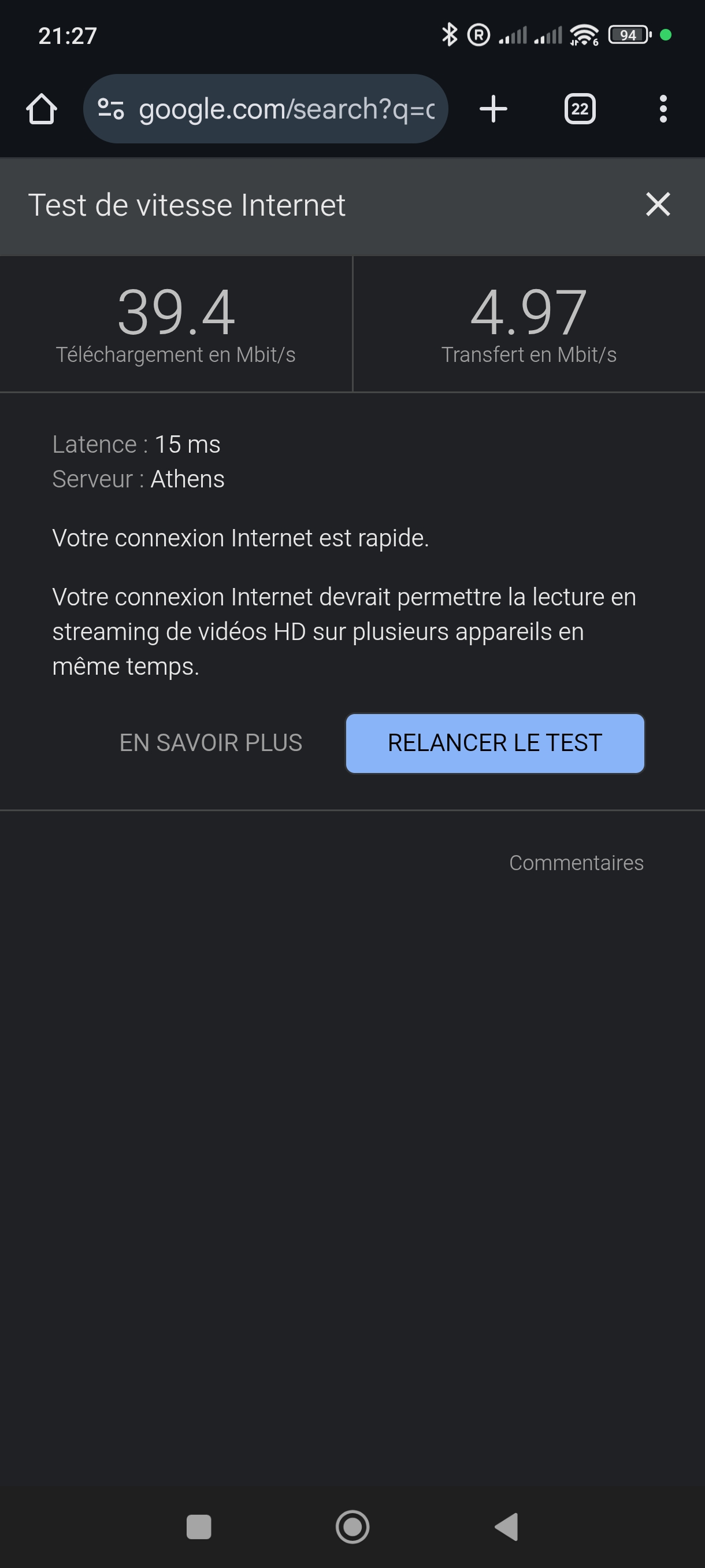 Wi‑Fi speed test at Konaki — ~39 Mbps download, enough for HD video calls